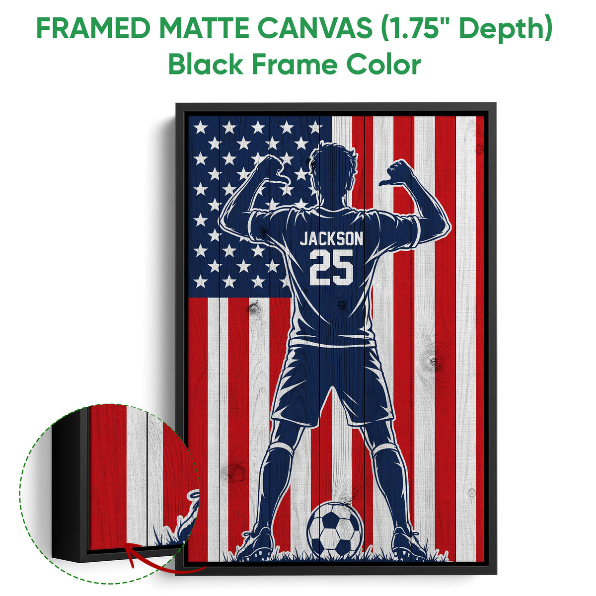 Framed soccer canvas wall art shown with a black frame and close-up of the frame edge