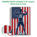 Framed soccer canvas wall art shown with a white frame and close-up of the frame edge
