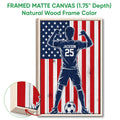 Framed soccer canvas wall art shown with a natural wood frame and close-up of the frame edge
