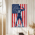 Patriotic soccer wall art displayed in a bright room with white wood panel walls