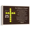 Framed softball wall art featuring a cross made from yellow softballs and an athlete prayer design