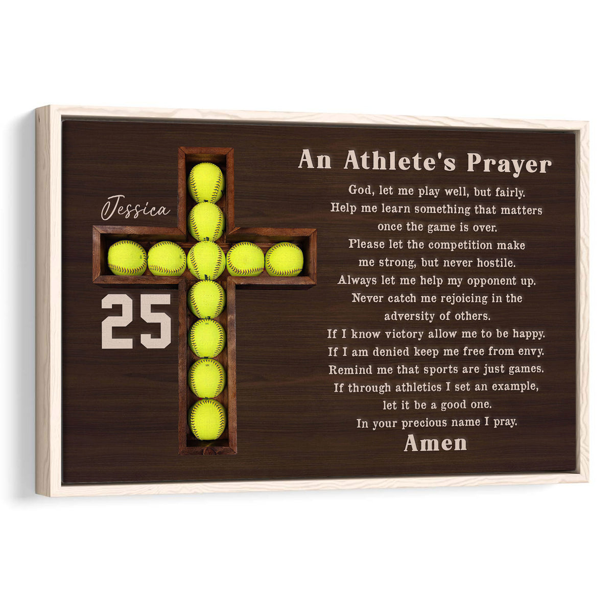 Framed softball wall art featuring a cross made from yellow softballs and an athlete prayer design