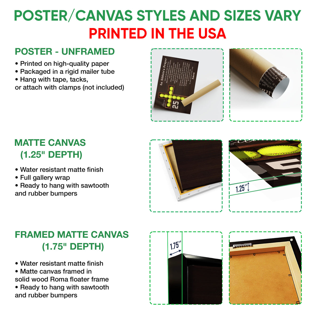 Poster or canvas wall art format guide showing unframed poster, matte canvas and framed canvas options