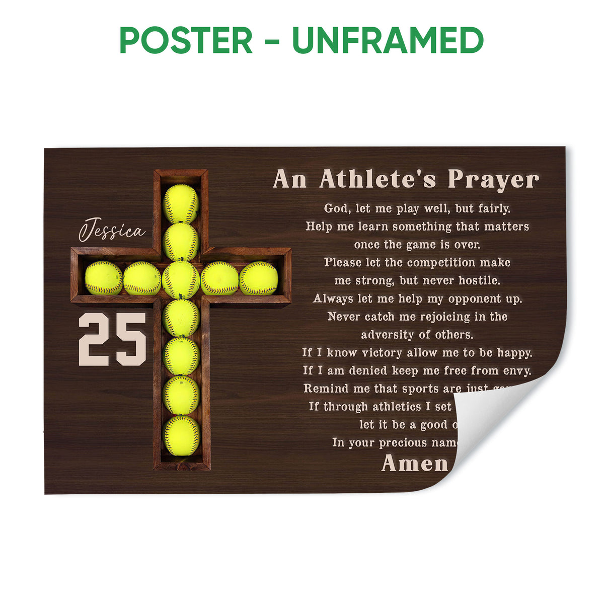 Unframed softball poster featuring a wooden cross made from softballs and an athlete prayer design
