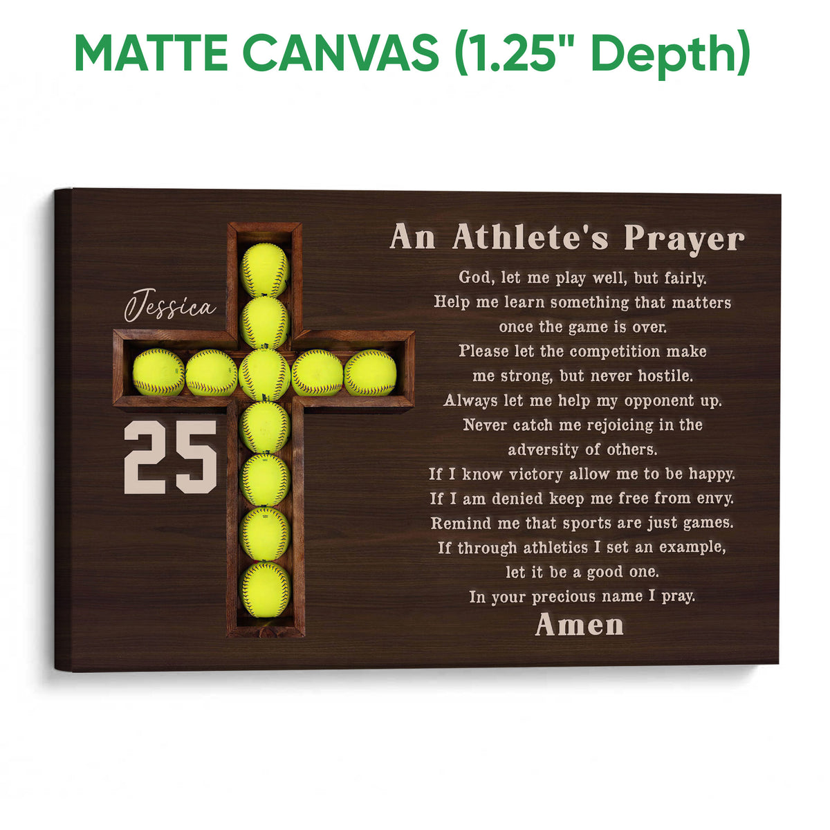 Matte canvas softball wall art featuring a cross of softballs and a faith-inspired athlete prayer