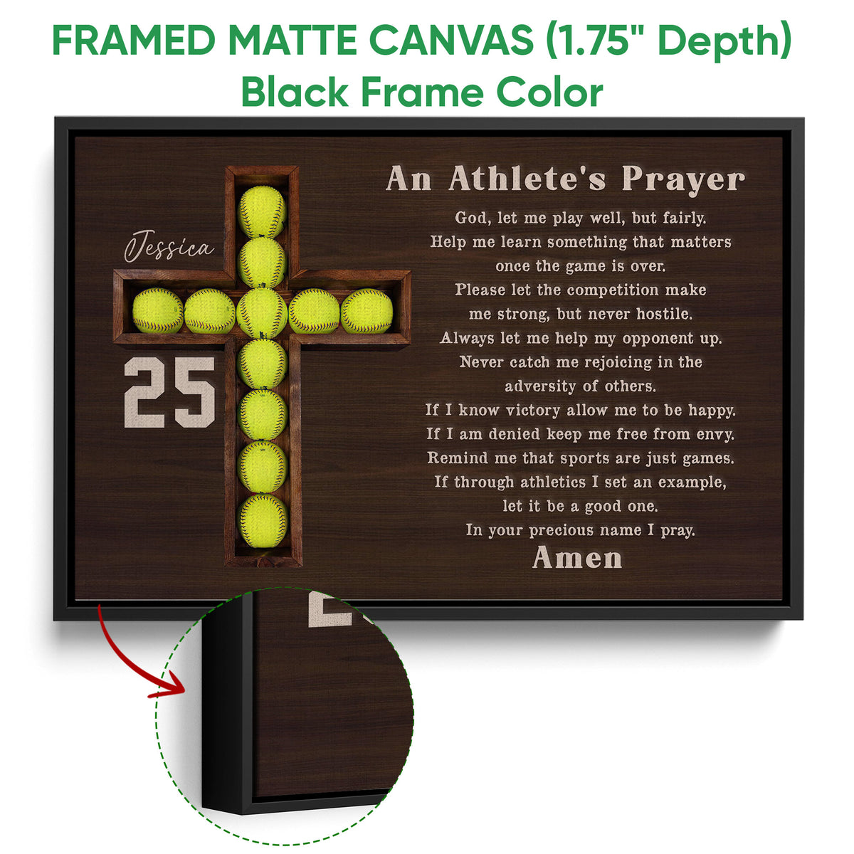 Black framed canvas softball wall art with a wooden softball cross and faith-inspired prayer artwork
