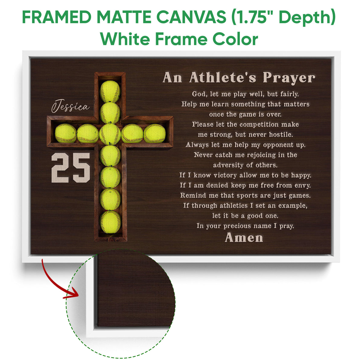 White framed canvas softball wall art featuring bright softballs arranged as a cross