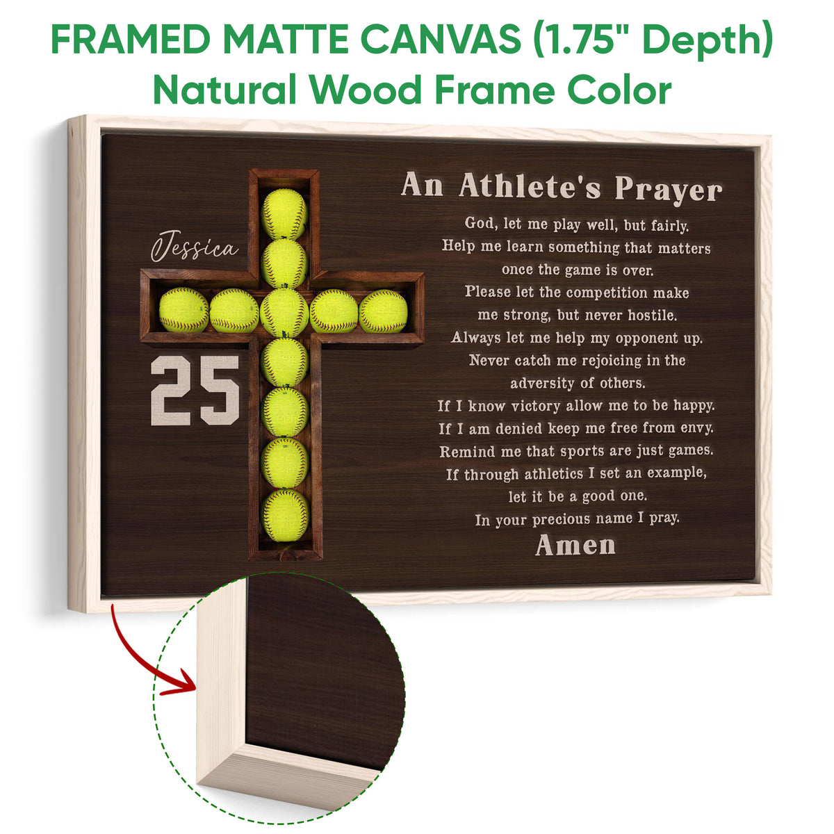 Natural wood framed softball wall art with a rustic softball cross and athlete prayer design