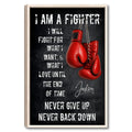 Framed boxing wall art with red gloves, distressed white typography, and a dark motivational design