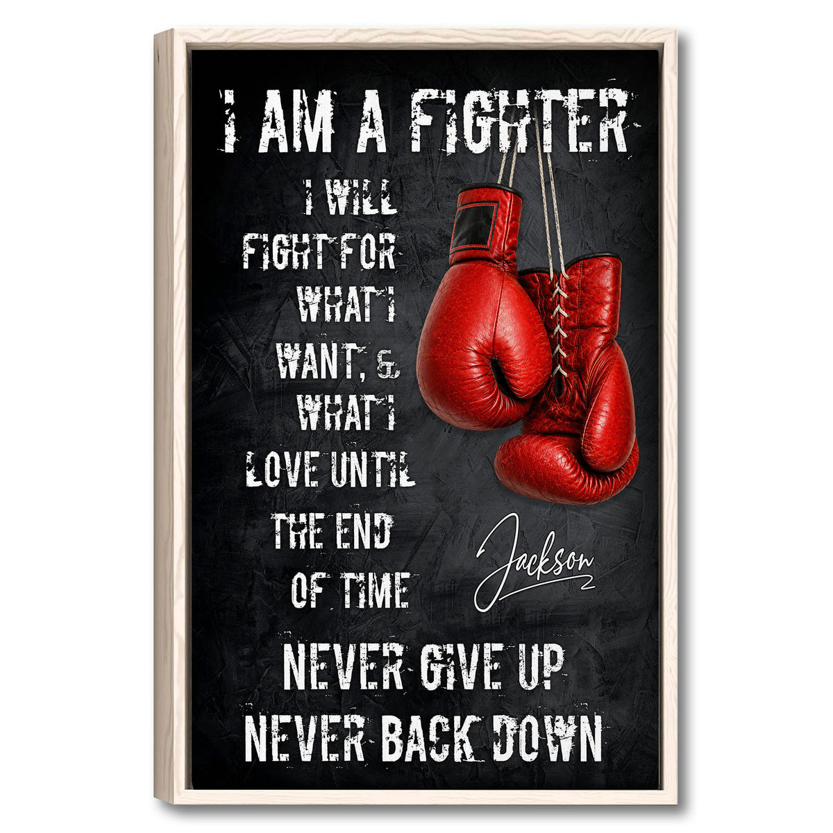Framed boxing wall art with red gloves, distressed white typography, and a dark motivational design