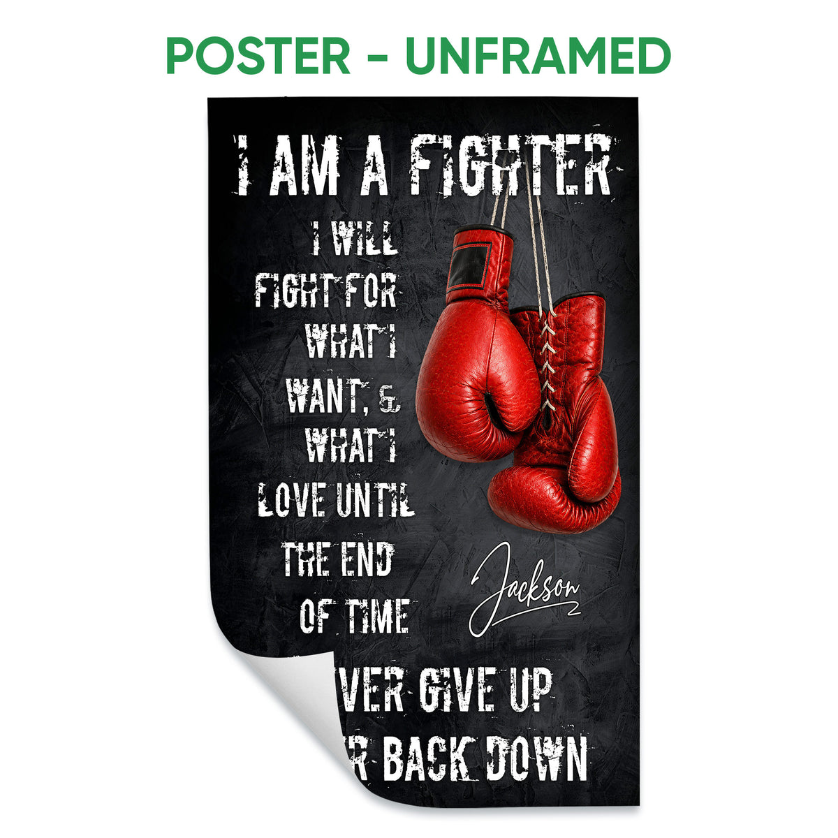 Unframed boxing poster featuring red hanging gloves and bold distressed motivational typography