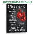 Matte canvas boxing wall art with red gloves, dark textured background, and white motivational lettering