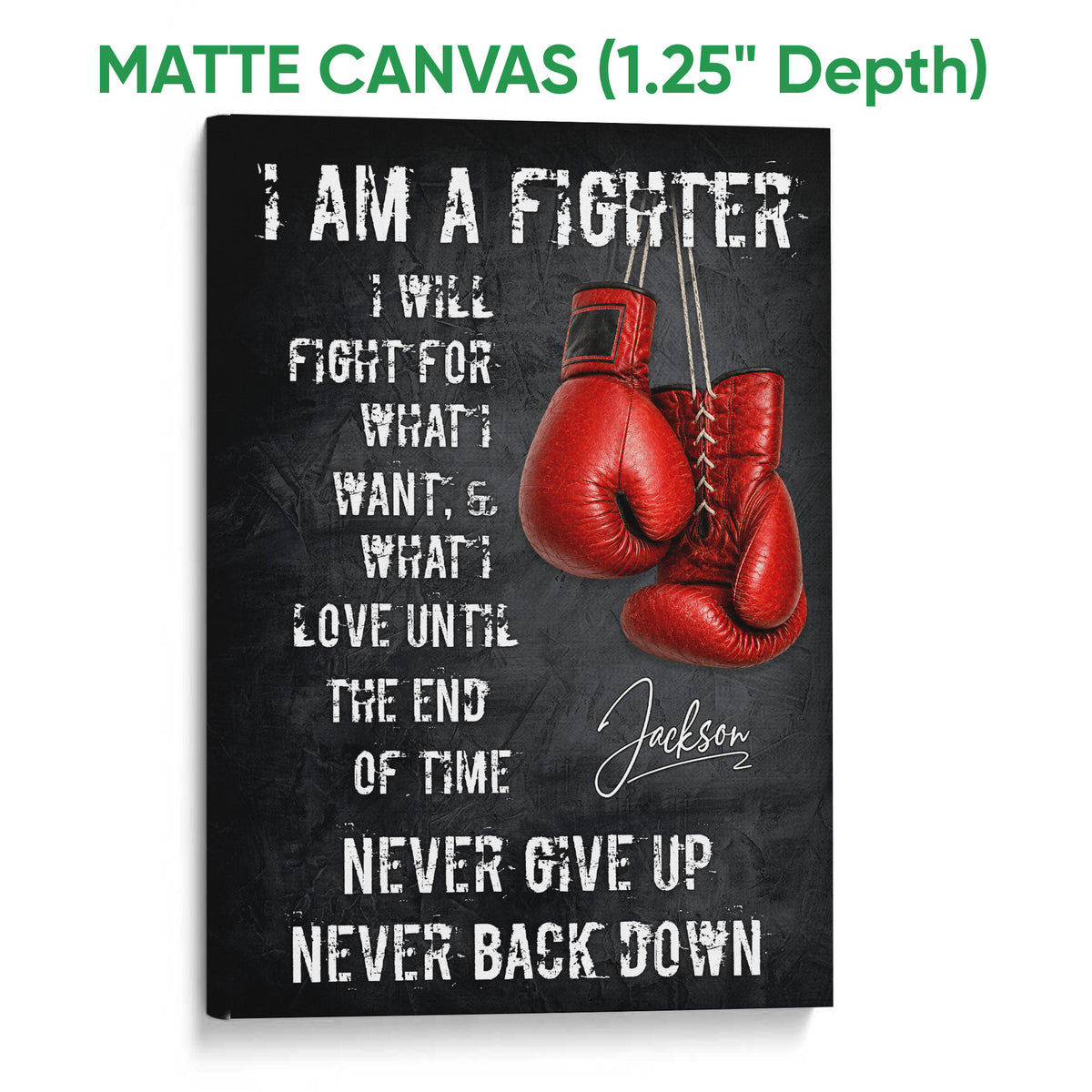 Matte canvas boxing wall art with red gloves, dark textured background, and white motivational lettering