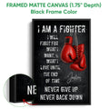 Black framed boxing canvas featuring red gloves and bold distressed lettering on a dark background
