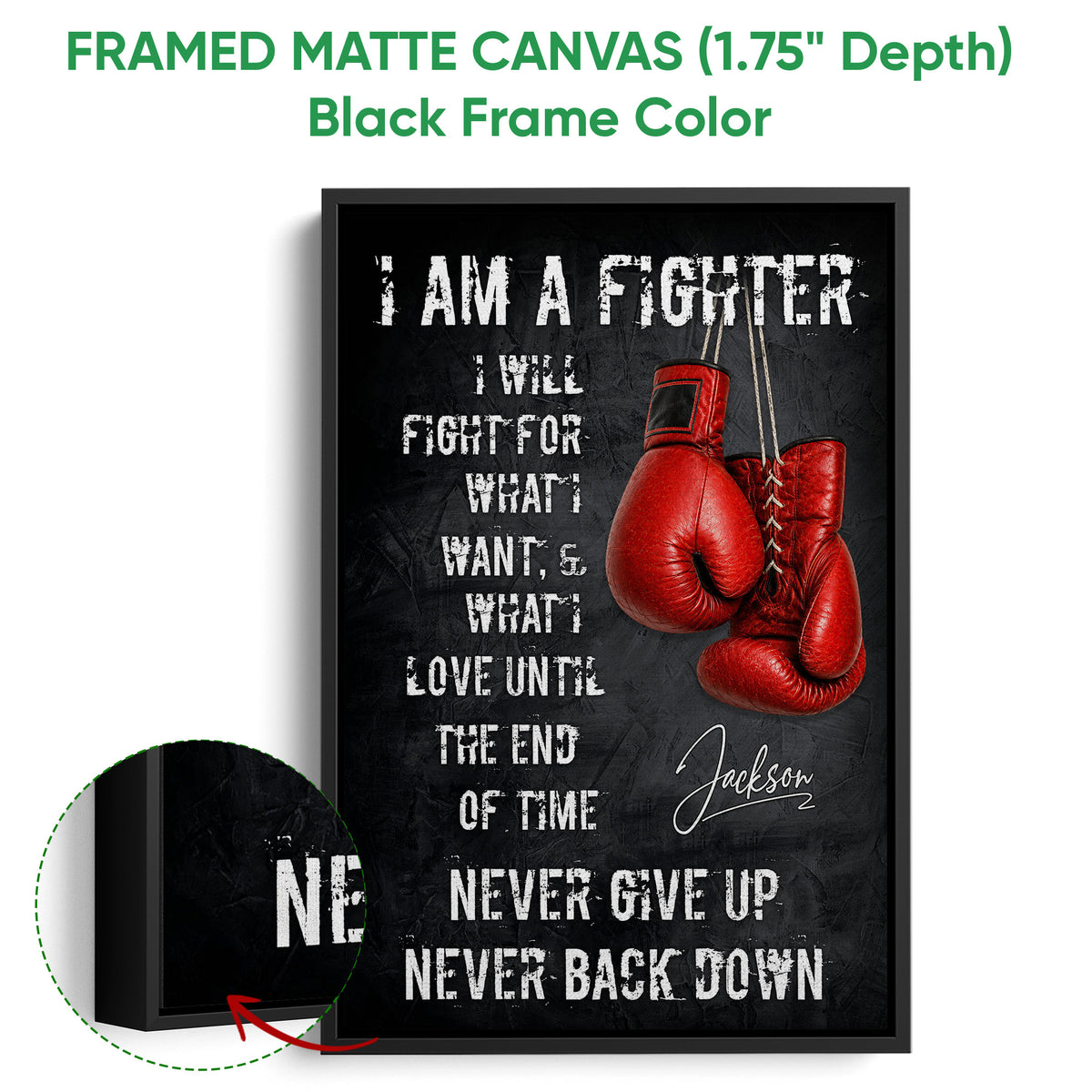 Black framed boxing canvas featuring red gloves and bold distressed lettering on a dark background