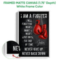 White framed boxing canvas featuring red gloves and high-contrast motivational wall art