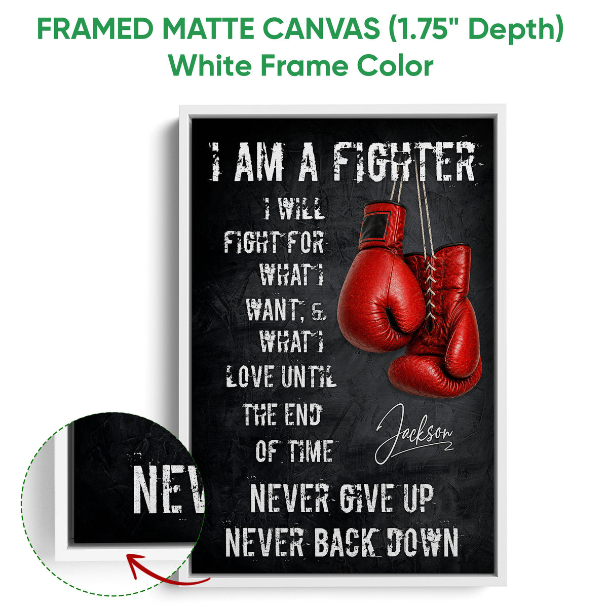 White framed boxing canvas featuring red gloves and high-contrast motivational wall art