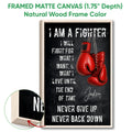 Natural wood framed boxing wall art with red gloves and distressed white typography