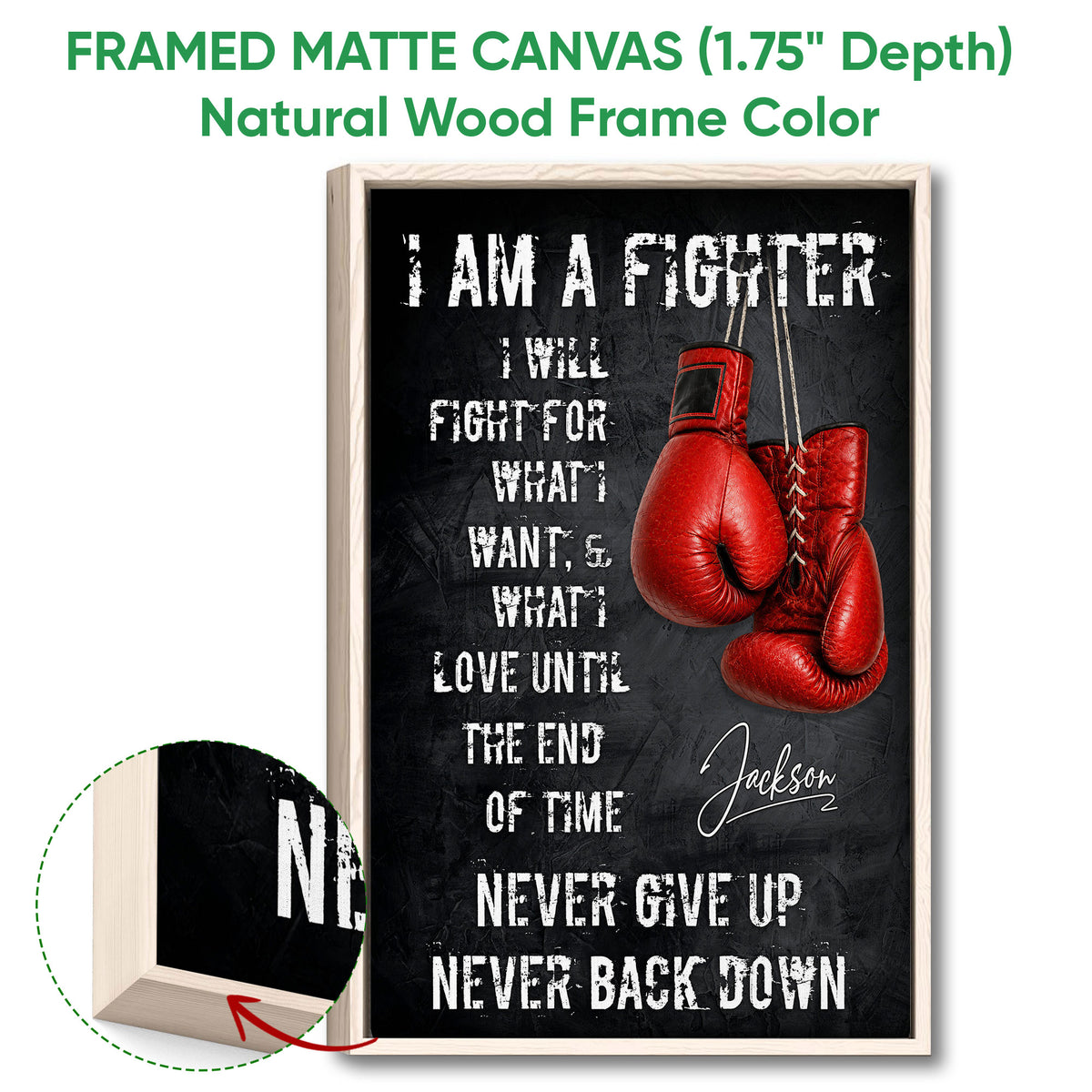 Natural wood framed boxing wall art with red gloves and distressed white typography