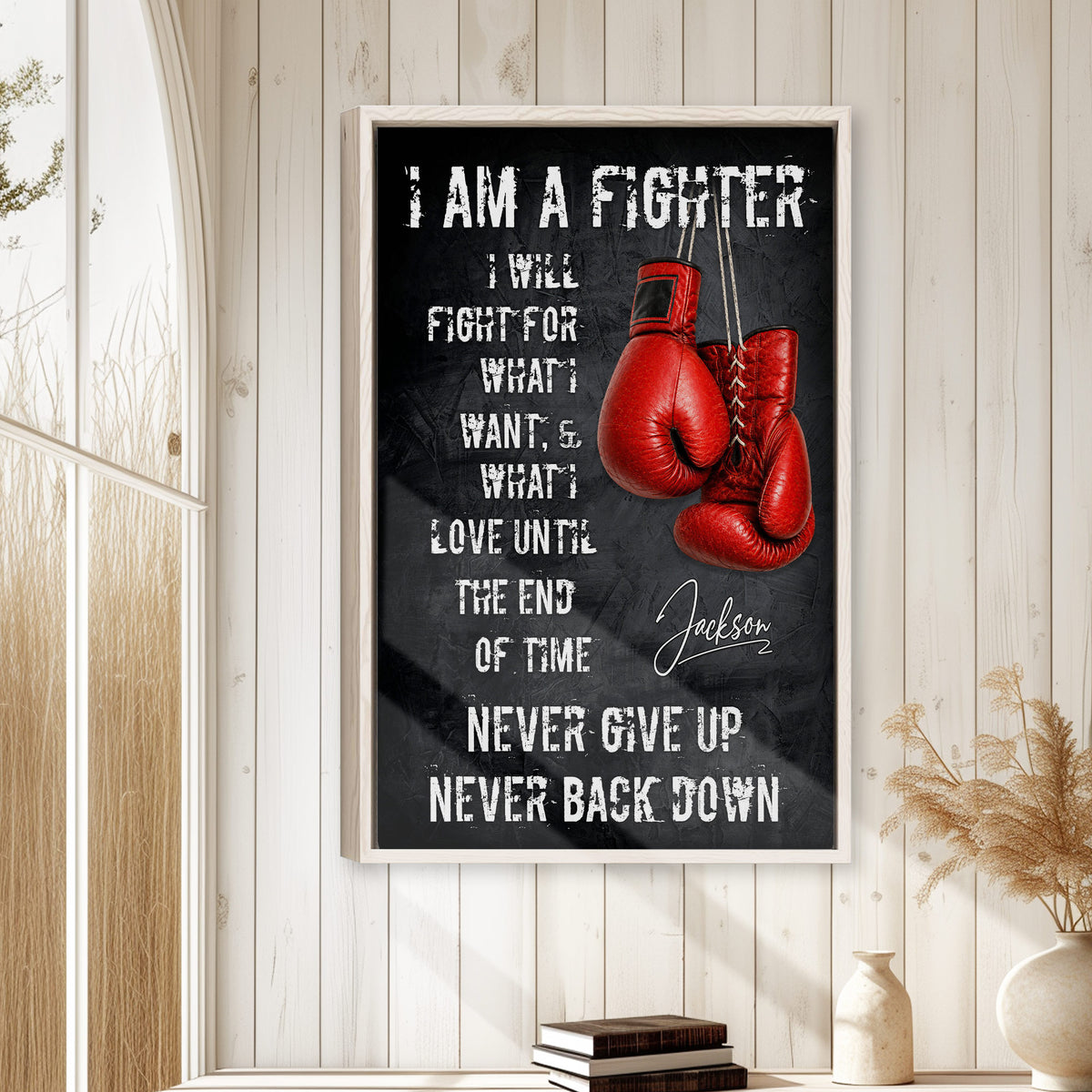 Boxing wall art displayed in a bright room with white wood paneling and red glove artwork