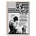 Framed wrestling wall art with two wrestlers, an American flag design, and a father and son tribute theme