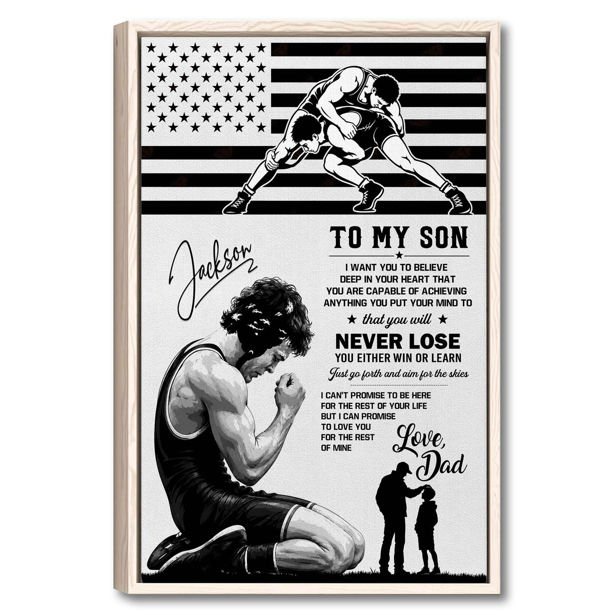 Framed wrestling wall art with two wrestlers, an American flag design, and a father and son tribute theme