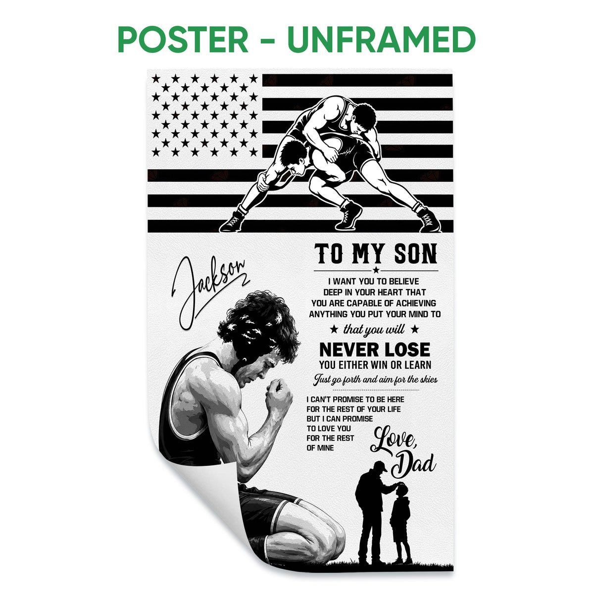 Unframed wrestling poster featuring two wrestlers over a black and white American flag background
