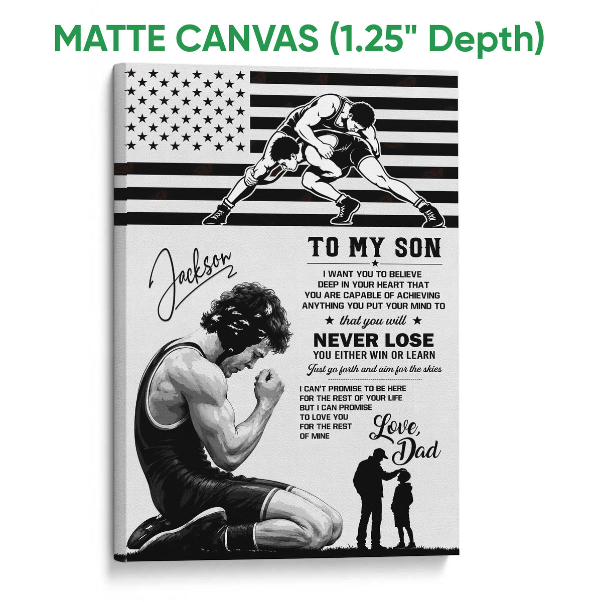 Matte canvas wrestling wall art showing two wrestlers and a motivational father and son tribute design