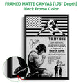 Black framed canvas wrestling wall art with detailed fabric texture and a father and son tribute scene