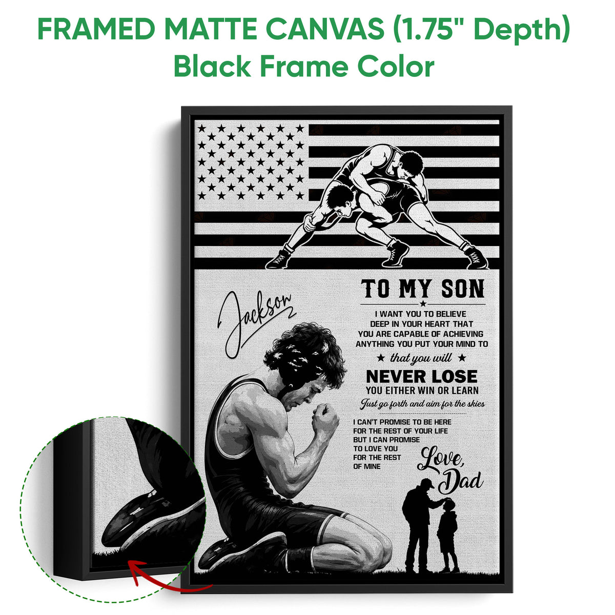 Black framed canvas wrestling wall art with detailed fabric texture and a father and son tribute scene