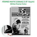 White framed canvas wrestling wall art with a detailed close-up of the printed design and canvas texture