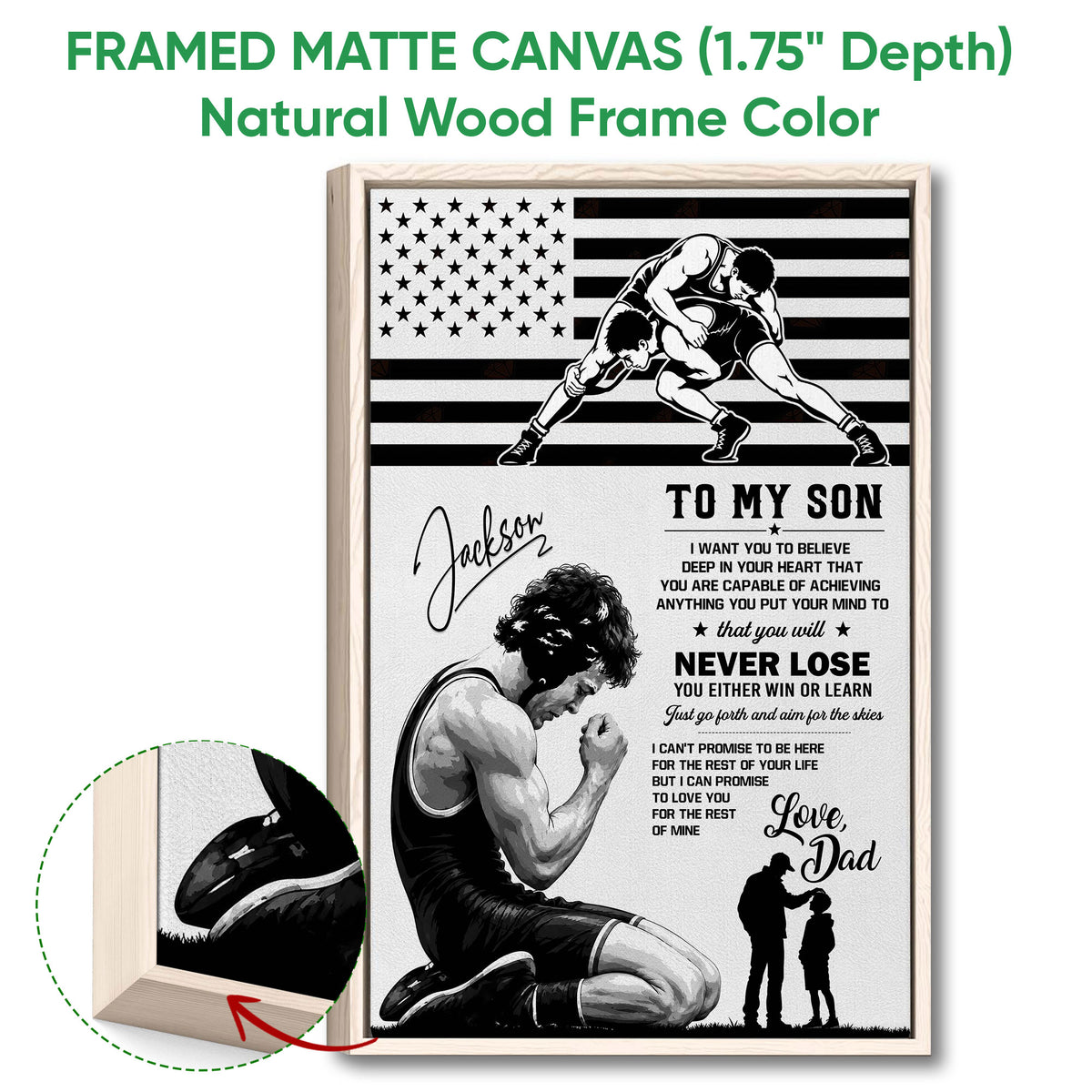 Natural wood framed wrestling canvas featuring two wrestlers and a black and white flag-inspired background