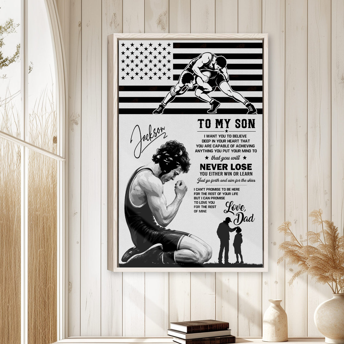 Wrestling wall art displayed in a bright wood-paneled room with a father and son inspirational theme