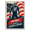 Framed football wall art featuring a player holding a football against a distressed American flag design