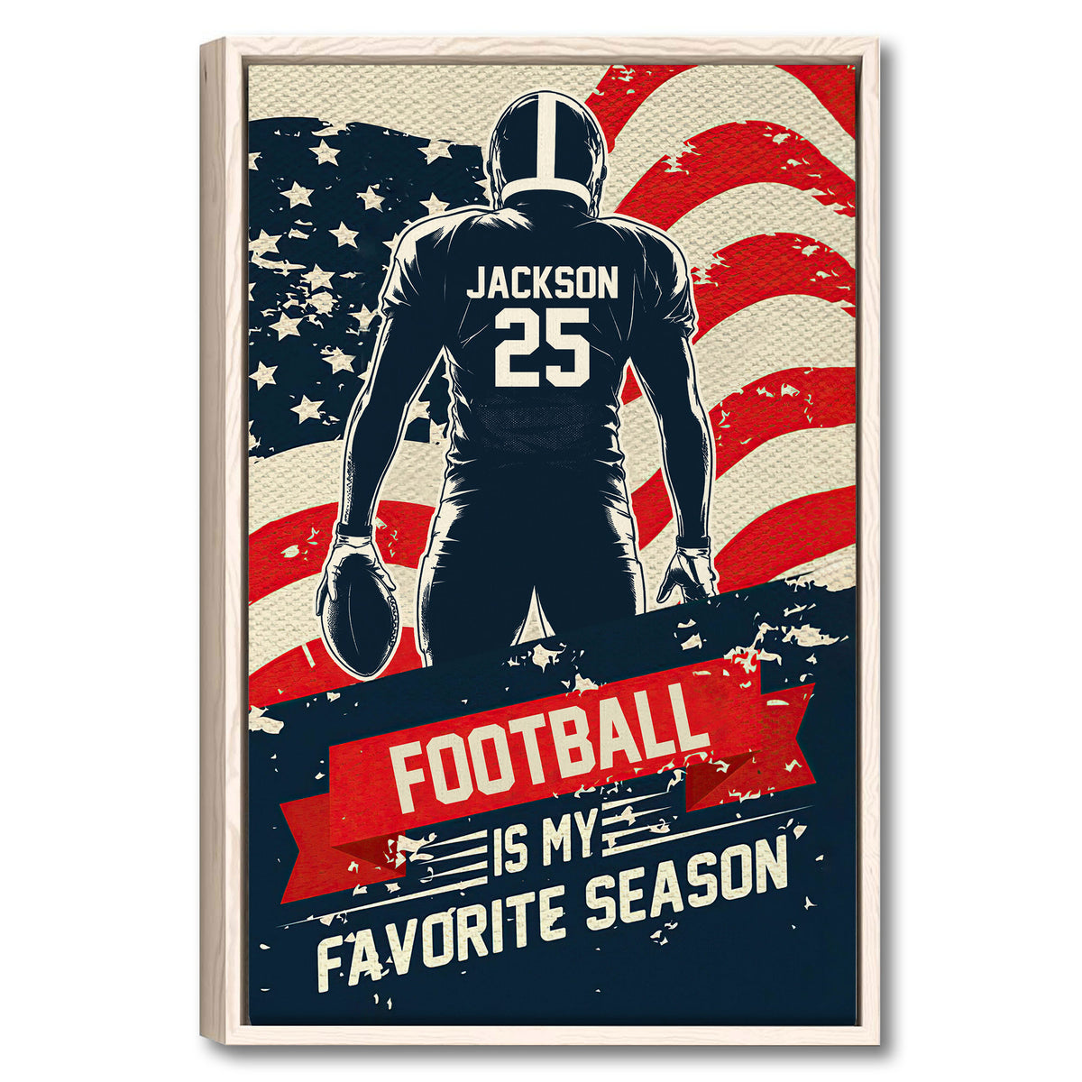 Framed football wall art featuring a player holding a football against a distressed American flag design