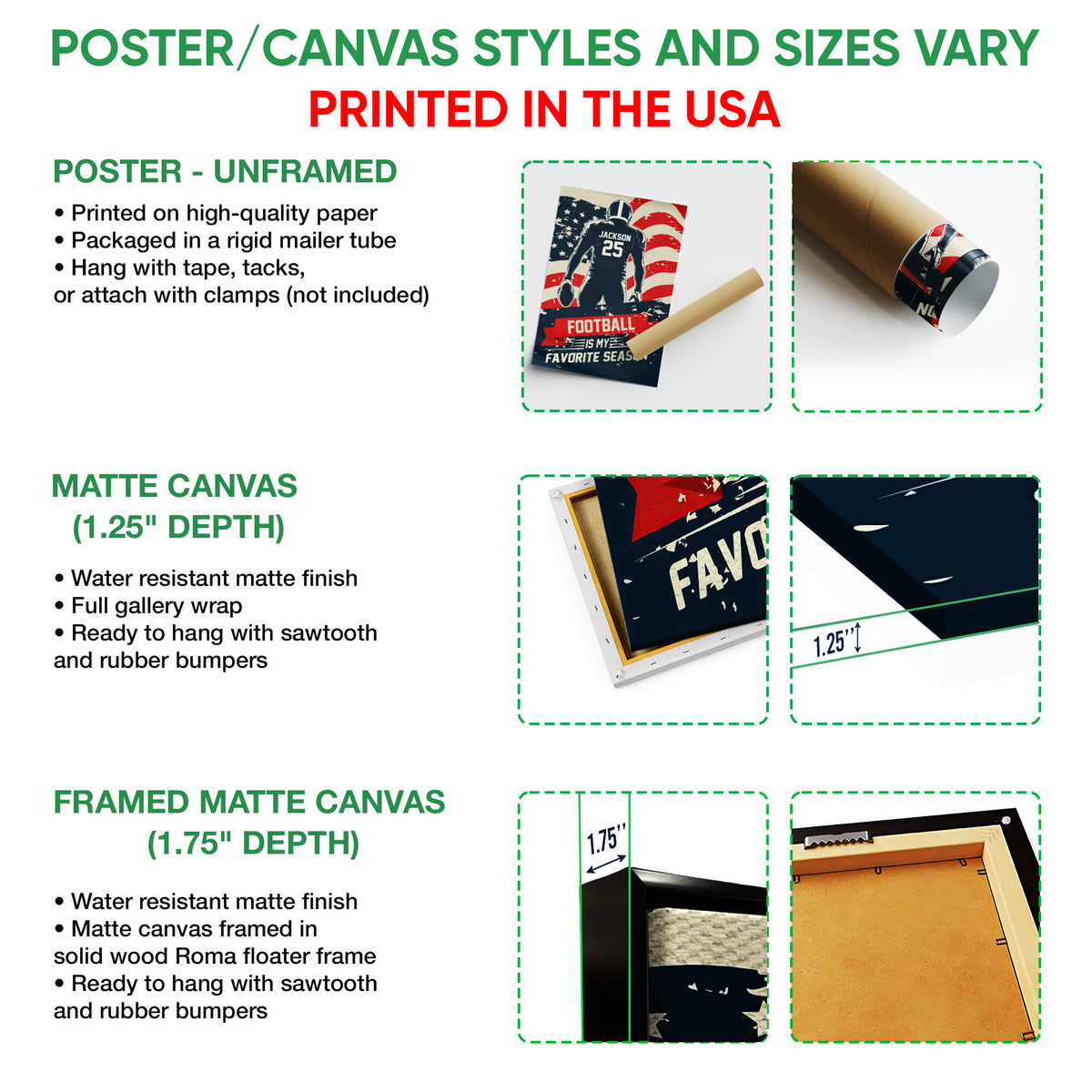 Poster and canvas wall art option guide showing unframed poster, matte canvas, and framed canvas formats