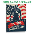 Matte canvas football wall art showing a player, football, distressed flag design, and bold red and navy colors