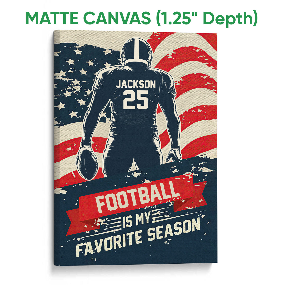 Matte canvas football wall art showing a player, football, distressed flag design, and bold red and navy colors