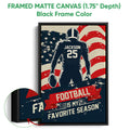 Black framed football canvas wall art with a distressed American flag background and close-up canvas detail