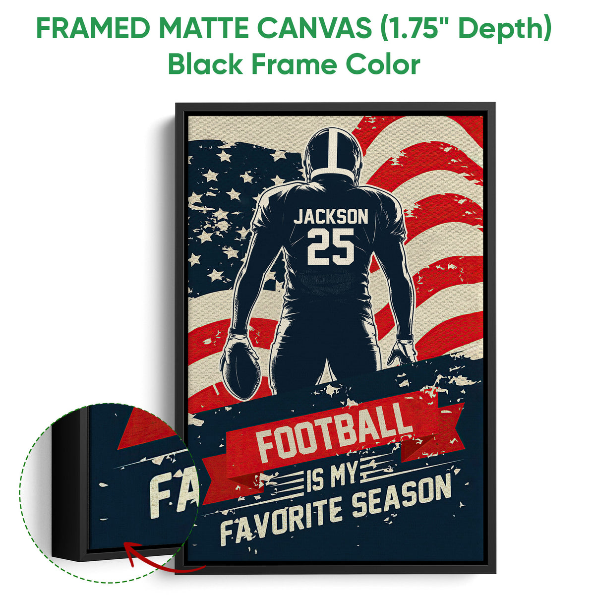 Black framed football canvas wall art with a distressed American flag background and close-up canvas detail