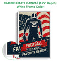 White framed football canvas wall art with a distressed flag design and close-up view of the printed surface