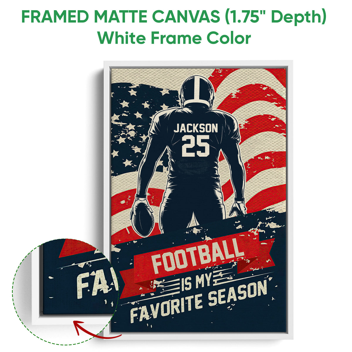 White framed football canvas wall art with a distressed flag design and close-up view of the printed surface