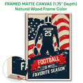 Natural wood framed football wall art featuring a player, football, flag background, and close-up frame detail