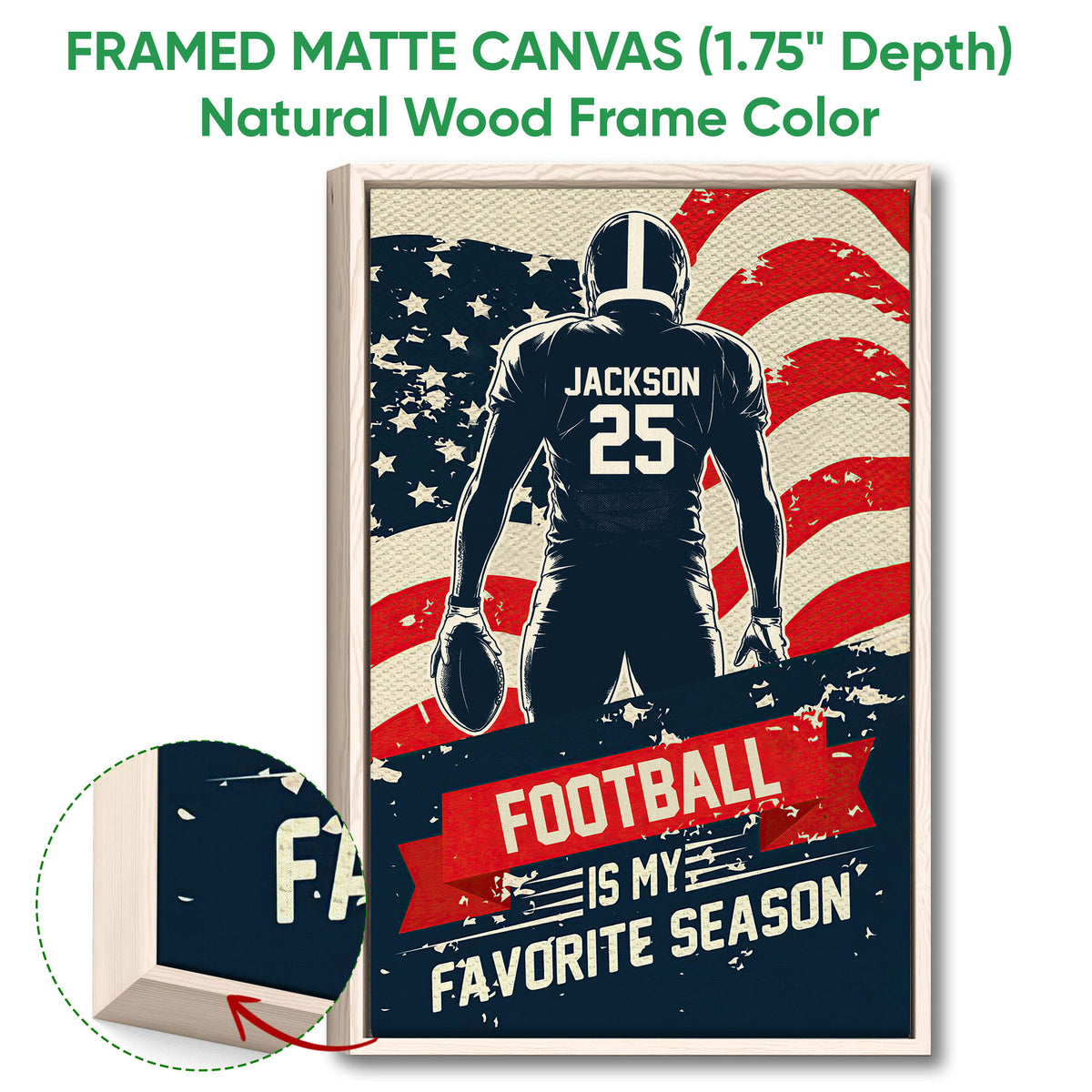 Natural wood framed football wall art featuring a player, football, flag background, and close-up frame detail