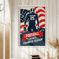 Football wall art displayed in a bright room with white wood paneling and a natural wood frame