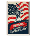 Framed softball wall art featuring a batter silhouette, distressed American flag design, and bold red and navy colors