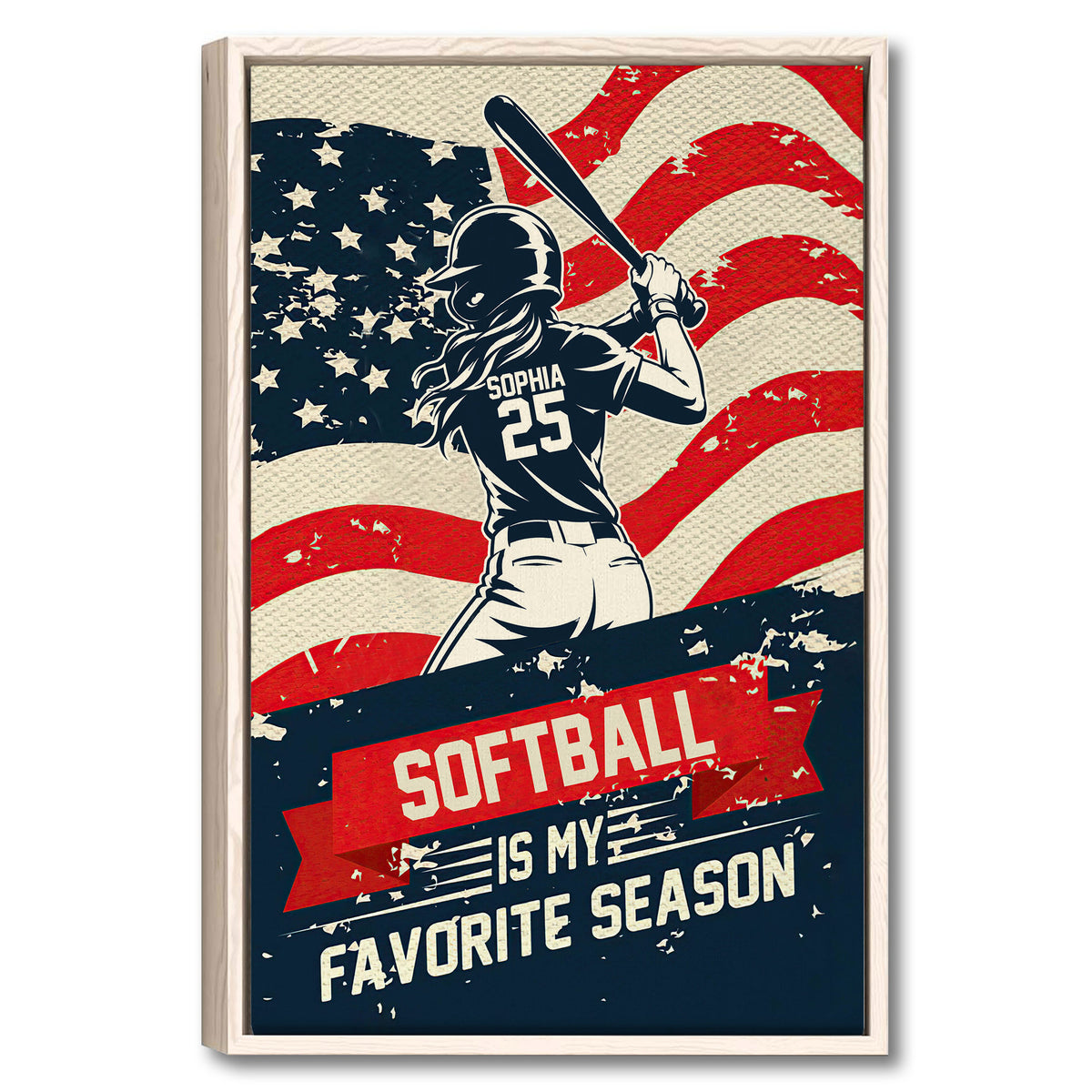 Framed softball wall art featuring a batter silhouette, distressed American flag design, and bold red and navy colors