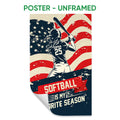 Unframed softball poster showing a batter against a distressed red, navy, and cream flag-inspired background