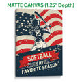 Matte canvas softball wall art featuring a batter silhouette, bold banner design, and distressed patriotic colors