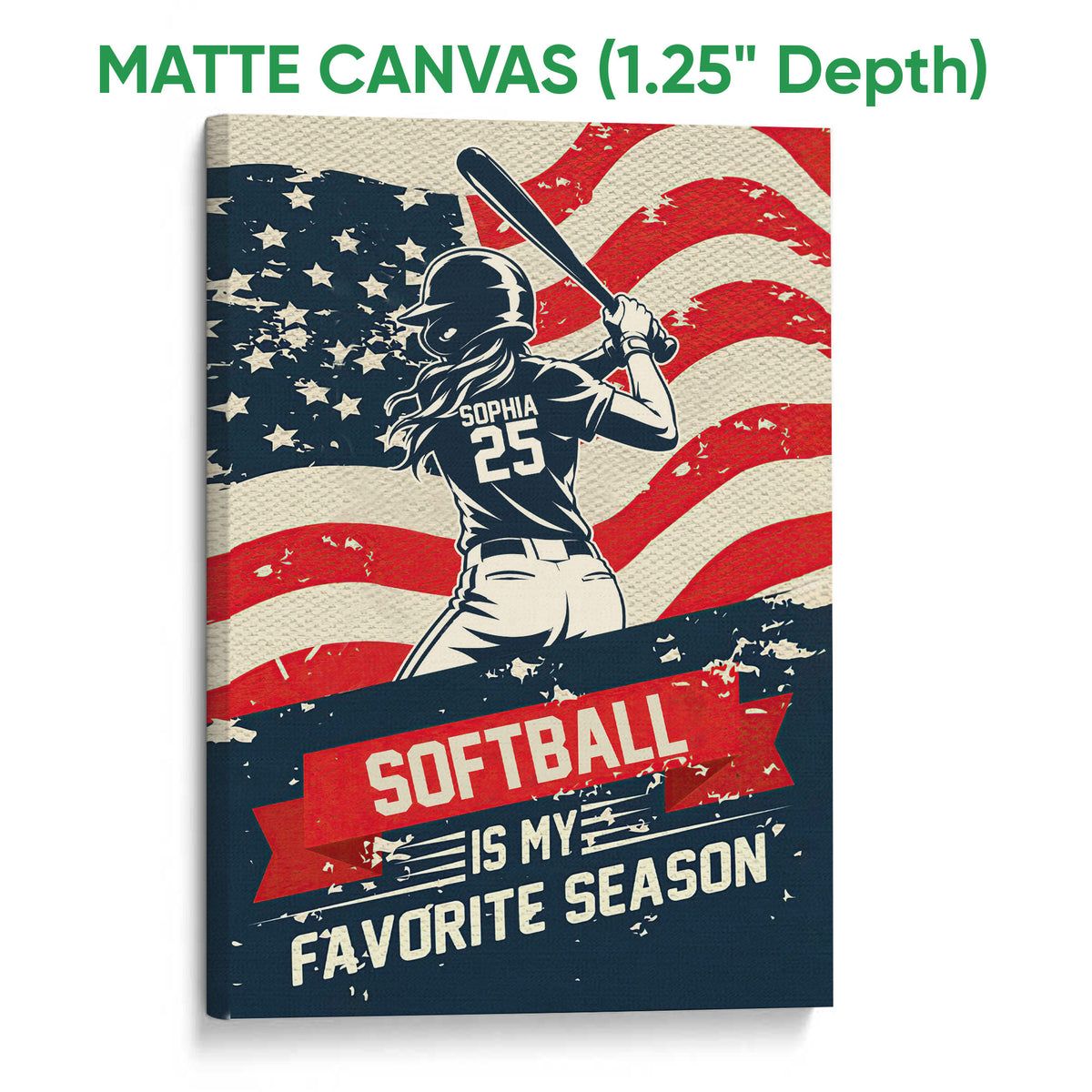 Matte canvas softball wall art featuring a batter silhouette, bold banner design, and distressed patriotic colors